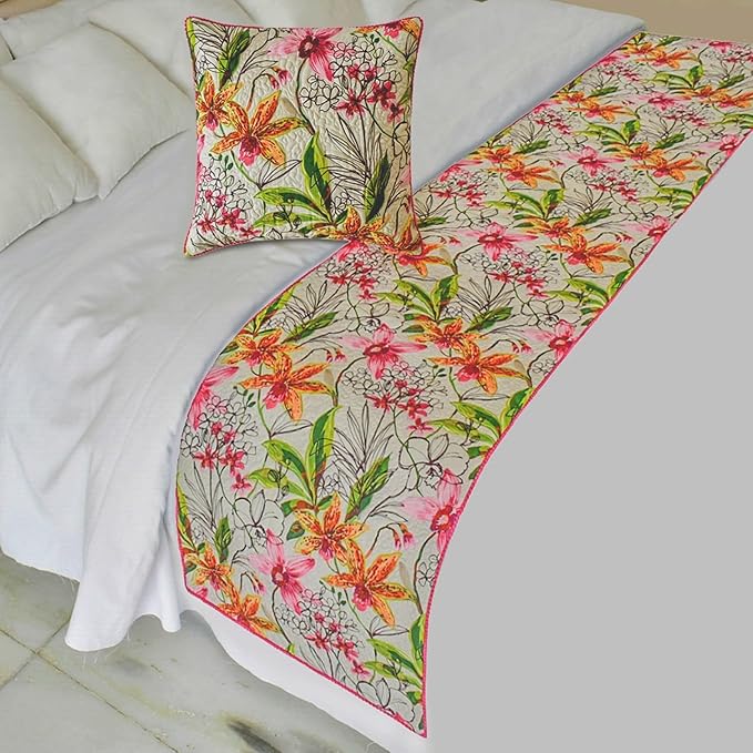The HomeCentric King/Queen/Twin Pink Decorative Bed Runner King 90"x18" Bed Runner with Two Pillow Cover, Quilted, Pom Pom Lace Bed Scarf on Cotton Fabric - Lily Haven