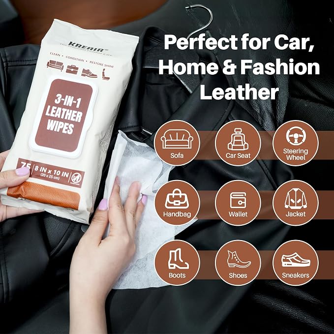 3in1 Leather Wipes 75 XL Count, Condition & Restore Shine, Extra-Large 8"x10" - Image 2