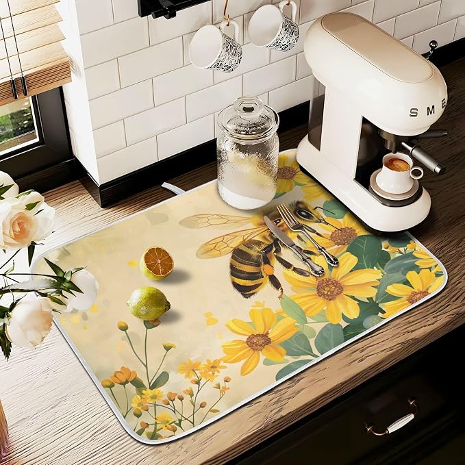 Honey Bee Dish Drying Mat for Kitchen Counter Absorbent Microfiber Large Drying - Image 8