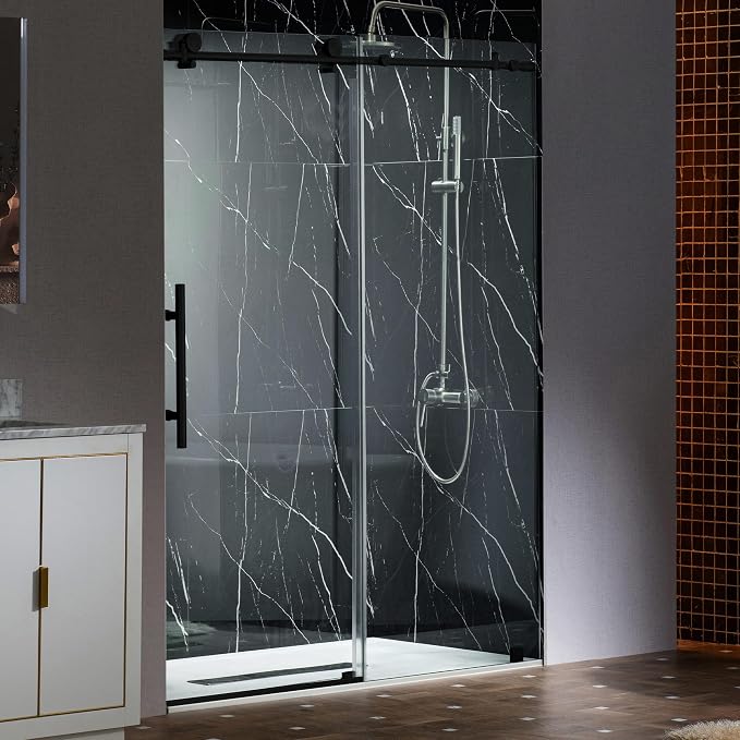 Woodbridge Frameless Single Sliding Shower Doors in Matte Black Finish by WOODBRIDGE