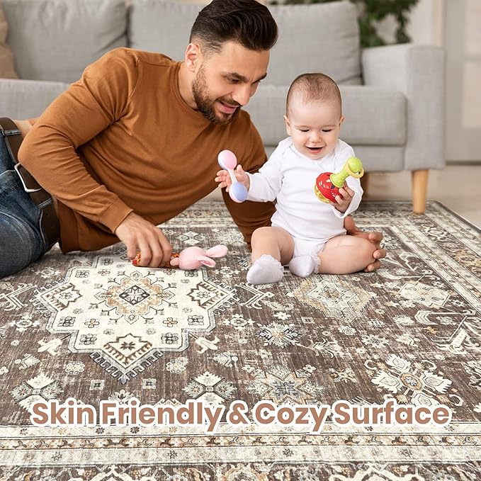 Vintage Living Room Area Rug 9x12 - Large Soft Washable Oriental Traditional Distressed Farmhouse Rugs for Bedroom - Indoor Floor Accent Carpet for Home Office House Decor - Dark Brown