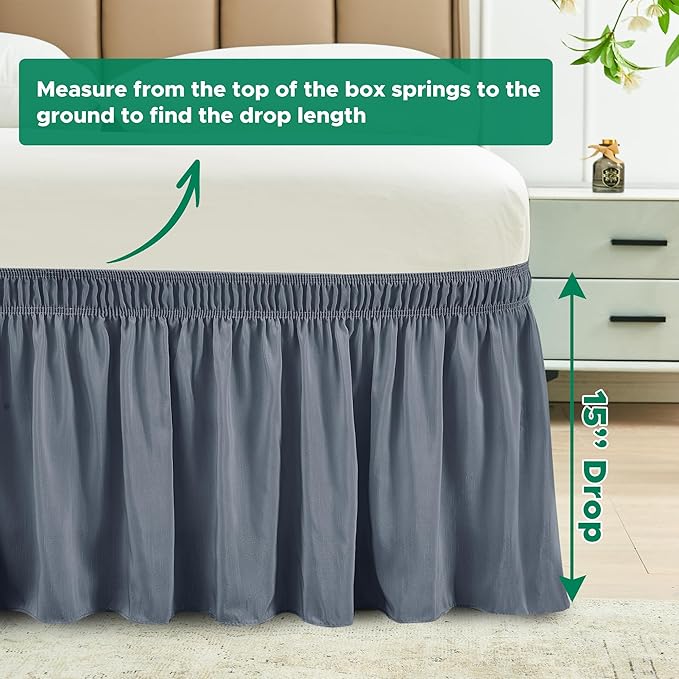 Biscaynebay Wrap Around Bed Skirts for Full & Full XL Beds 15" Drop, Dark Grey Adjustable Elastic Dust Ruffles Easy Fit Wrinkle & Fade Resistant Silky Luxurious Fabric Machine Washable