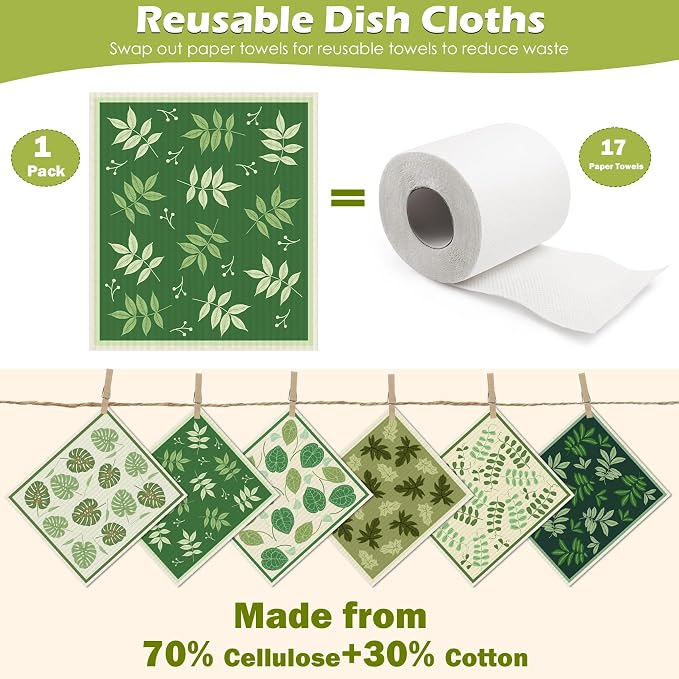 6 Packs Swedish Paper Cloths for Kitchen, Reusable Paper Towels Washable Dish - Image 3