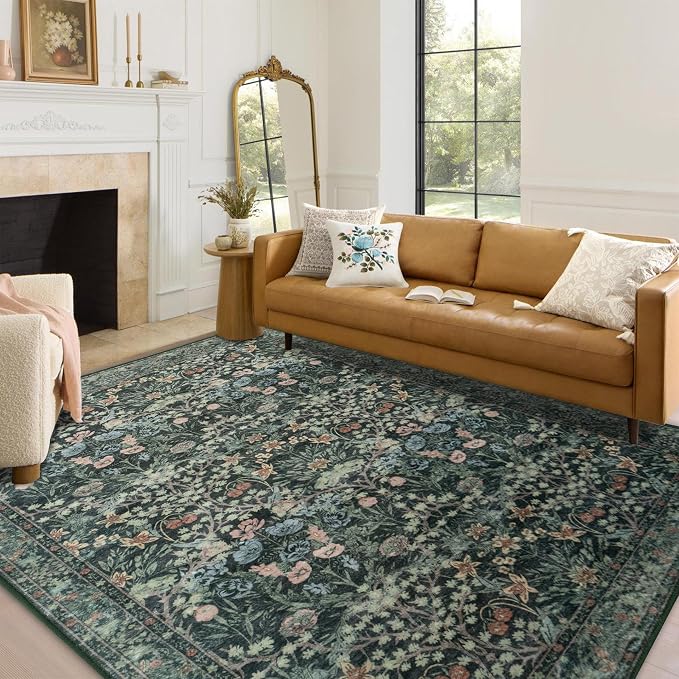 8x10 Washable Area Rug for Living Room, Large Vintage Dark Green Floral Rugs - Image 3
