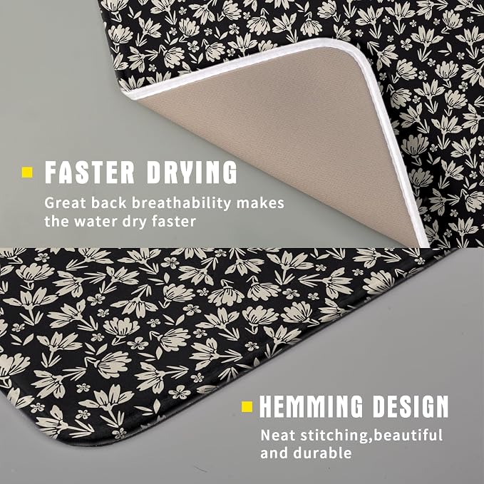 Floral Dish Drying Mat for Kitchen Counter 18x16 Inch Black Flower Drying Mat - Image 5