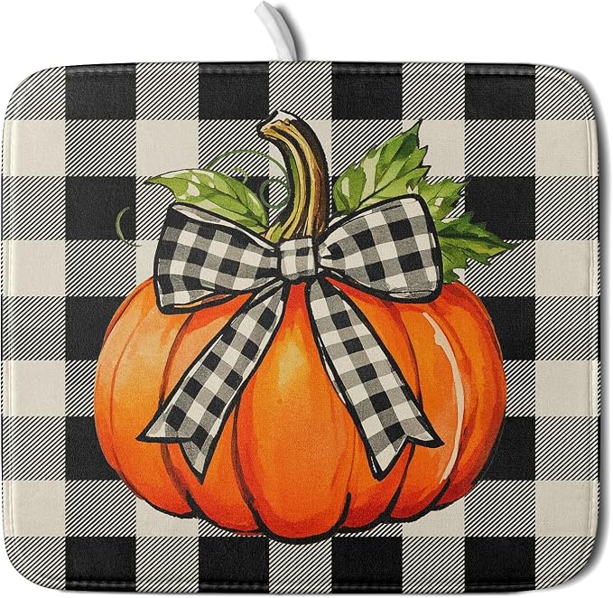 Fall Dish Drying Mat for Kitchen Counter 16x18 Autumn Pumpkin Plaid Theme by Aytipun