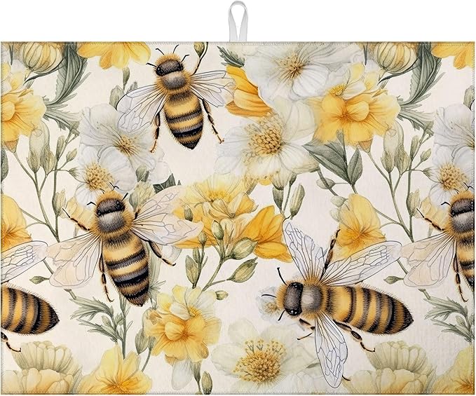 Watercolor Bee Floral Dish Drying Mat by MOUNTANLLY