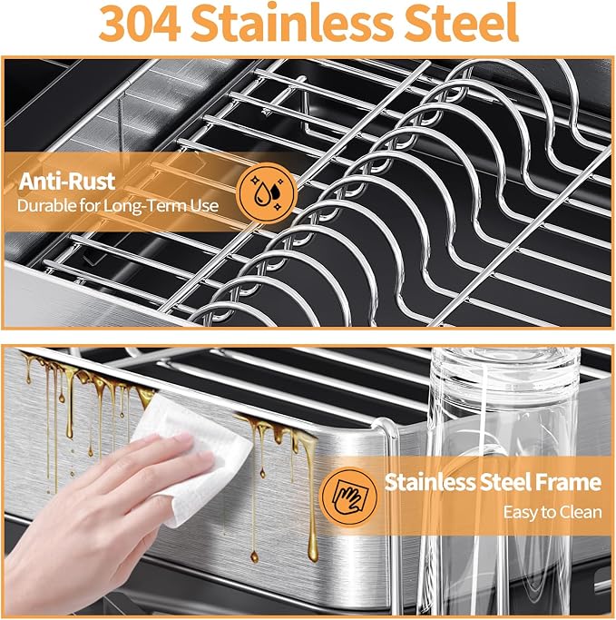 Dish Rack for Kitchen Counter, 304 Stainless Steel Dish Drying Rack, Expandable - Image 3