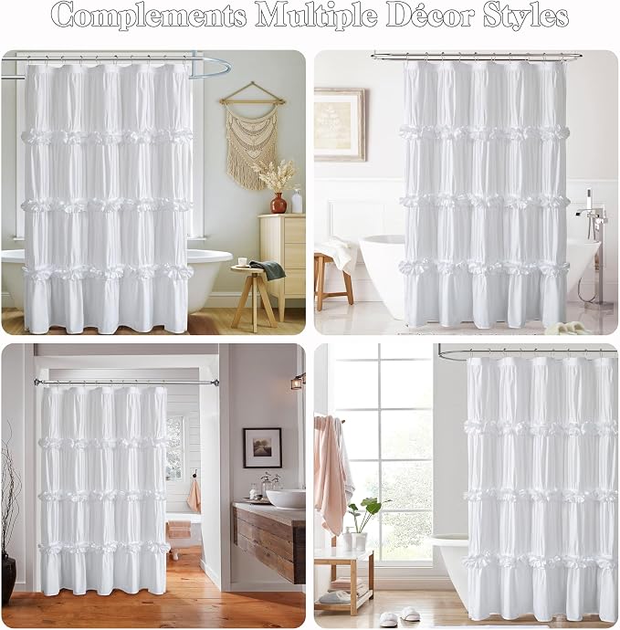 Victorian Ruffle Shower Curtain 60" x 72" White, Ruched Microfiber Vintage - Image 7