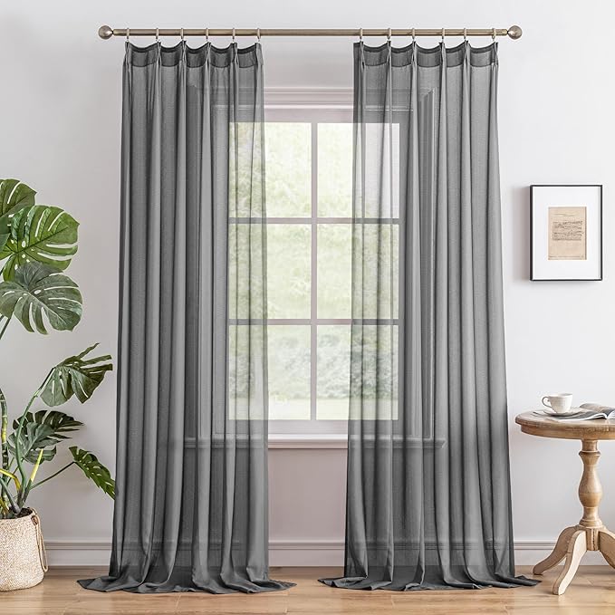 Grey Pinch Pleat Curtains 96 Inches Long Sheer Curtain Panels Light Filter Airy Breathable Tree Branch Textured Pleated Drapes with Adjustable Hooks for Living Room, Grey, 42"W x 96"L, 2 Panels