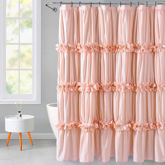 Peach Ruffle Shower Curtain, Vintage Handcrafted Bow Tie Bath Curtain by Homechoice+Decor