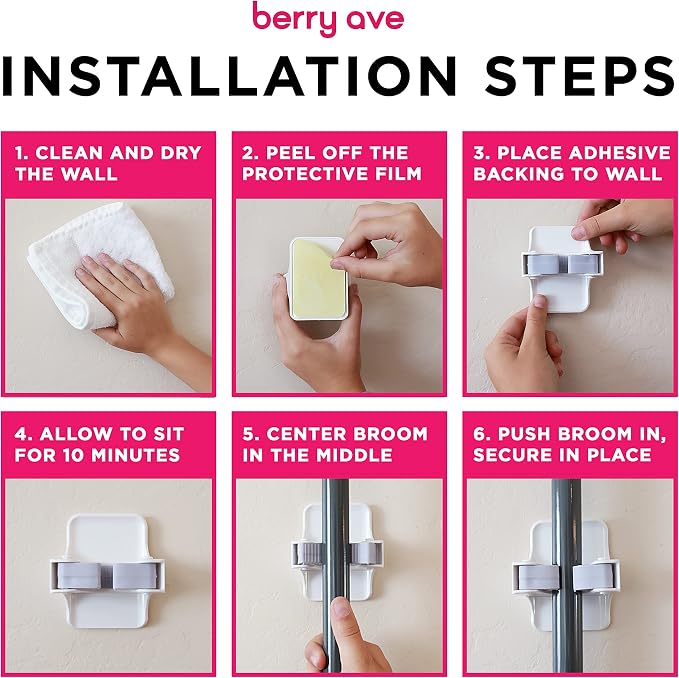 Combo 5 Slot Broom Holder w/ 1 Self Adhesive Mop Gripper No-Drilling, Wall - Image 6