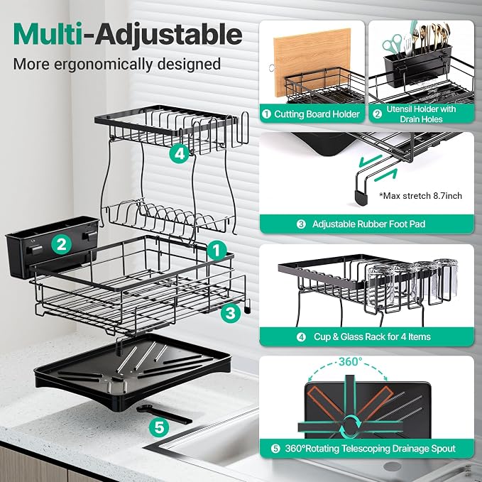2 Tier Expandable Dish Drying Rack, Large Stainless Steel Dish Drying Rack - Image 4