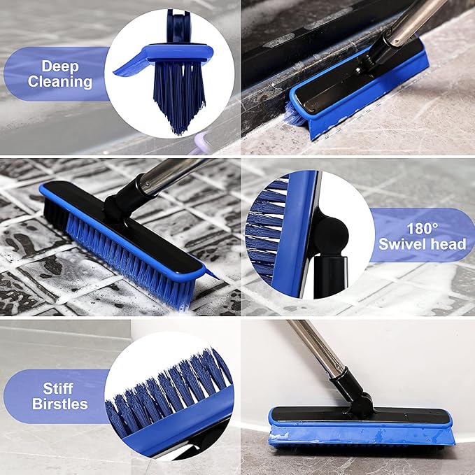 Grout Cleaner Brush with Long Handle, V-Shaped Floor Scrub Brush Swivel Grout - Image 5