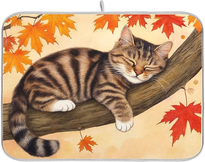 Fall Cats Dish Drying Mat for Kitchen Countertop 18x24 Autumn Maple Leaves by Wamika