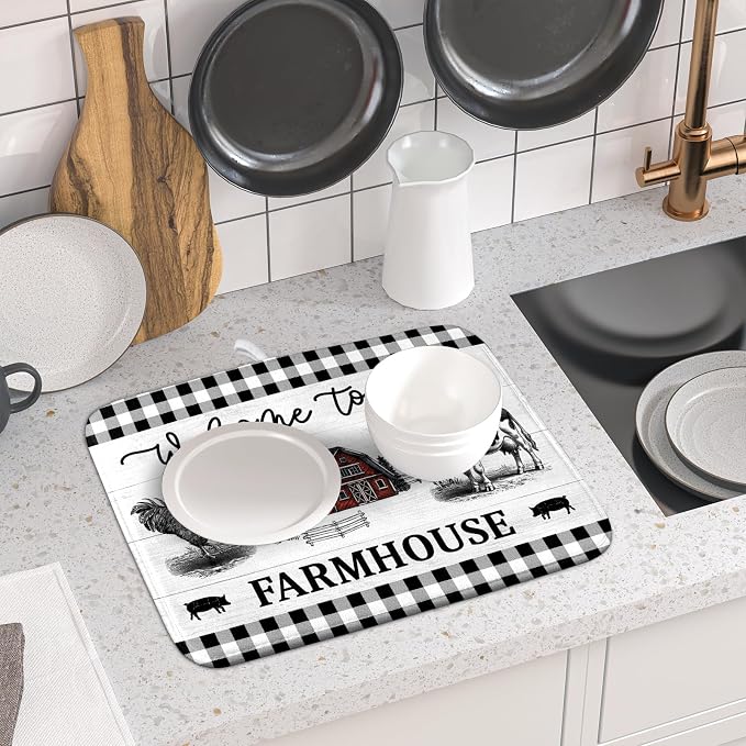 Farmhouse Barn Dish Drying Mat 16x18 Inch Cow Rooster Absorbent Microfiber Dish - Image 6