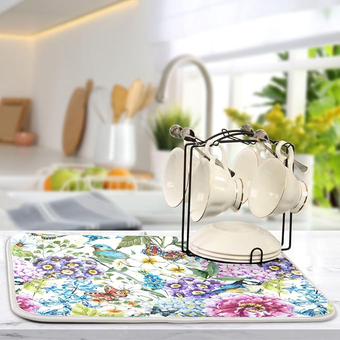 Floral Birds Dish Drying Mat for Kitchen Spring Globe Daisy Butterfly Flowers - Image 5