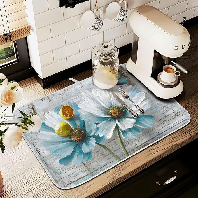 Rustic Teal White Daisy on Vintage Wooden Dish Drying Mat - Image 8