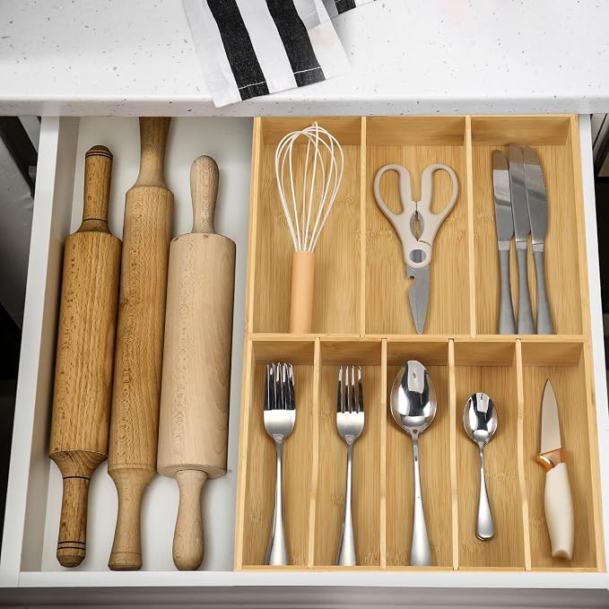 Fabsome Silverware Organizer for Kitchen Drawers, 2.5'' Deep 12.8'' Wide Bamboo - Image 5