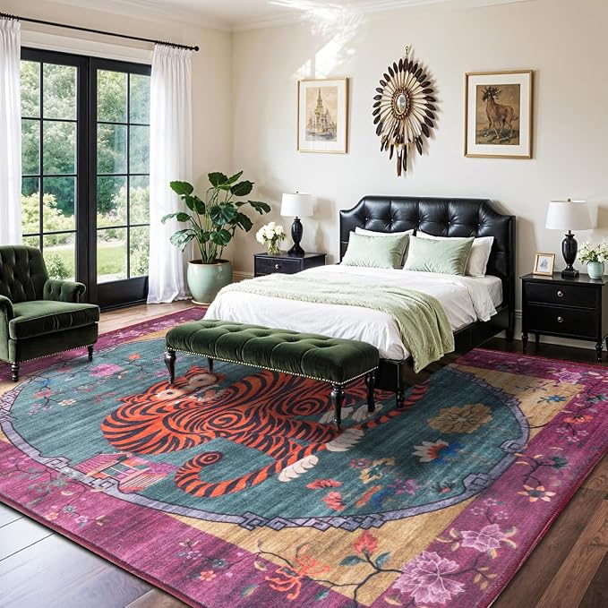 5X7 ft Tiger Rug Washable Oriental Traditional Animal Print Purple-Green Floral - Image 6