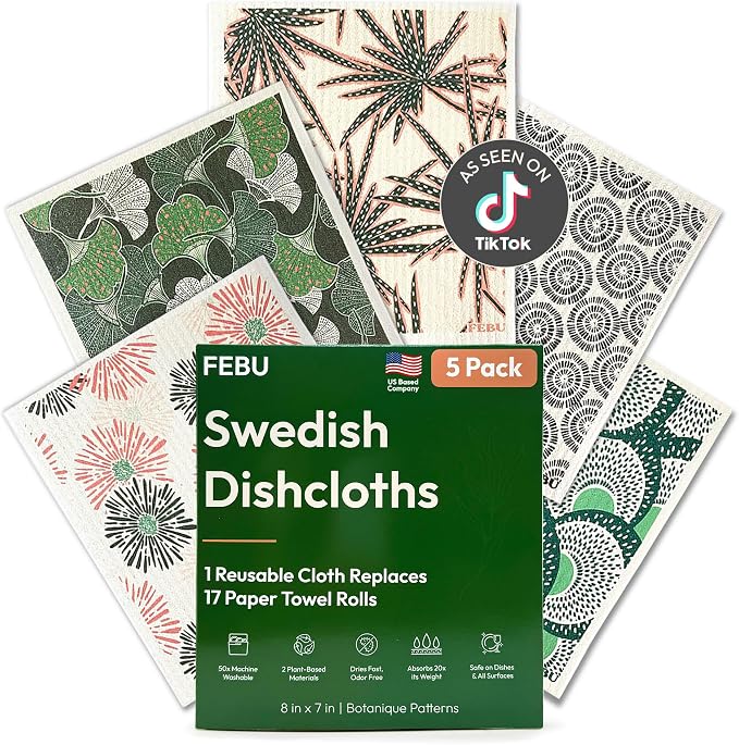 FEBU Swedish Dishcloths for Kitchen | 5 Pack Botanique Reusable Paper Towels by FEBU