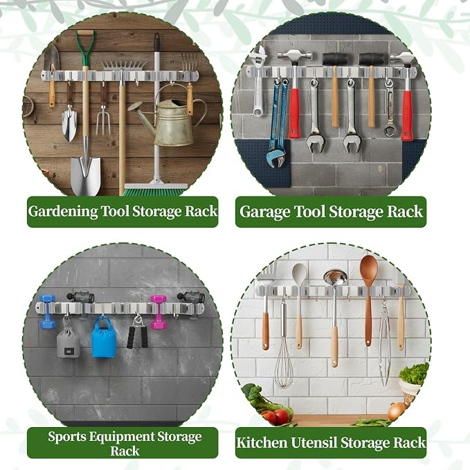 2 Pack Wall Mount Broom Holder, Self Adhesive 5 Racks and 4 Hooks Mop and Broom - Image 6