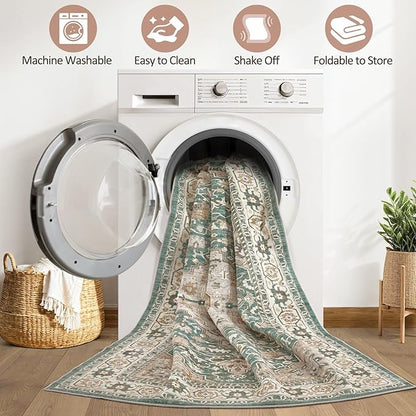 Green Rug Living Room Rugs: 10x13 Washable Boho Large Vintage Soft Stain Resistant Farmhouse Oriental Non-Slip Indoor Floor Carpet for Bedroom Nursery Kids Playroom Office Dining Room Home Decor