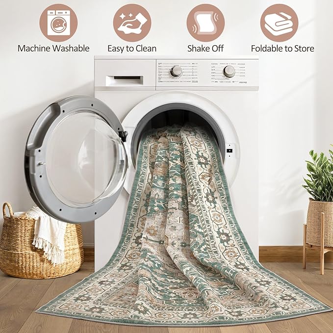 Runner Rug Kitchen Washable Rugs: 3x10 Non-Slip Abstract Soft Modern Stain Resistant Indoor Floor Neutral Accent Throw Carpet for Hallway Bathroom Laundry Room Entryway Bedroom- Green