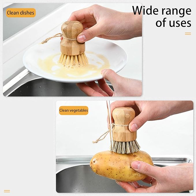 Natural Sisal Dish Washing Brush Bamboo Round Scrub Brush Pots Pans Vegetables - Image 6