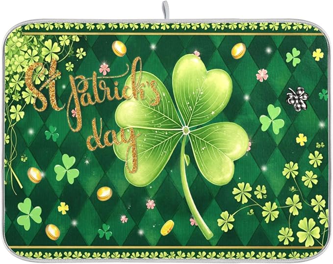 St Patrick's Day Clovers Green Dish Drying Mat 18x24 by Wamika