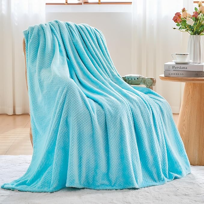 NEWCOSPLAY Super Soft Throw Blanket Turquoise Premium Silky Flannel Fleece Leaves Pattern Lightweight Bed Blanket All Season Use (Turquoise, Throw(50"x60"))