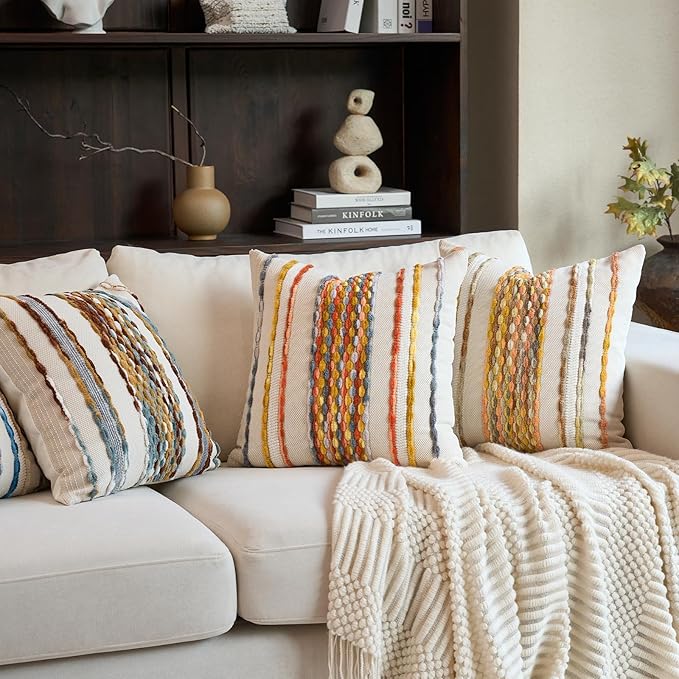 Aeckself Boho Pillow Covers 18x18 Inch Set of 2, Farmhouse Decorative Striped Square Chenille Tufted Accent Neutral Throw Pillow Covers for Living Room Couch Bed, Light Yellow