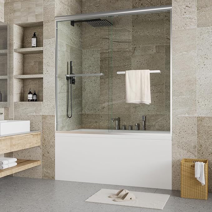 56-60 Inch W× 59 Inch H Double Sliding Shower Door, Semi-Frameless Bypass by GarveeTech