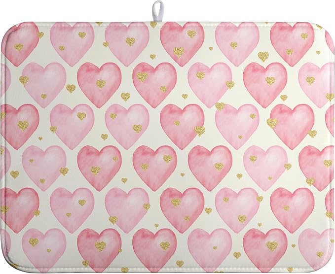 Valentines Dish Drying Mat Valentine Dishes Drying Pad Pink Golden Heart Love by farg