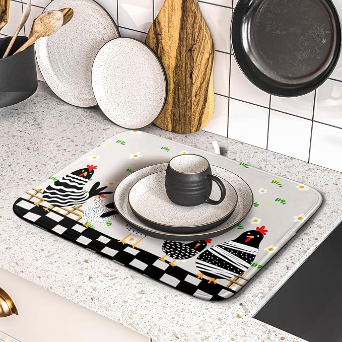 Black Rooster Dish Drying Mat for Countertop 16x18 Inches Buffalo Plaid - Image 5