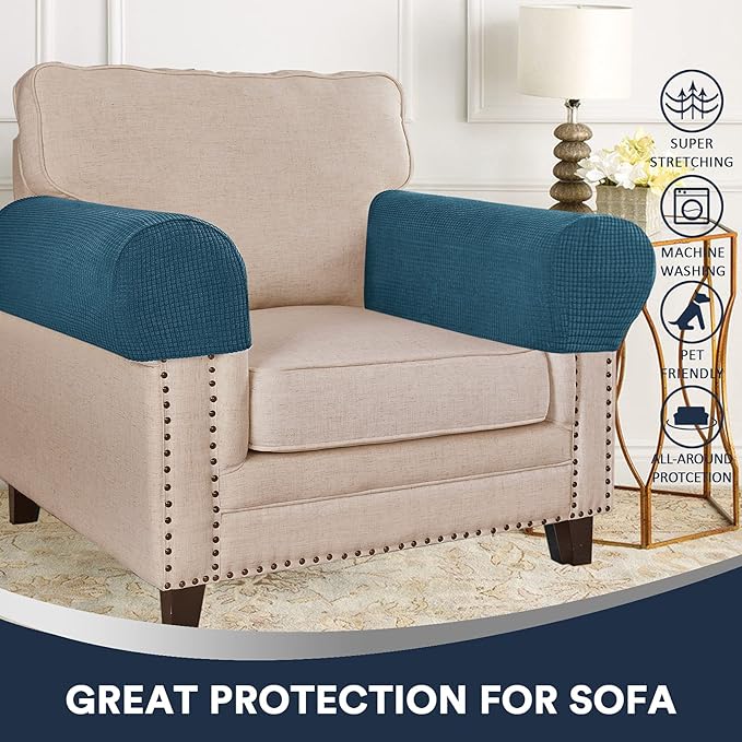 Stretch Sofa Arm Covers Spandex Jacquard Anti-Slip Couch Arm Covers with Sticker Furniture Armrest Protector for Sofa Couch Chair Recliner, Set of 2, Deep Teal
