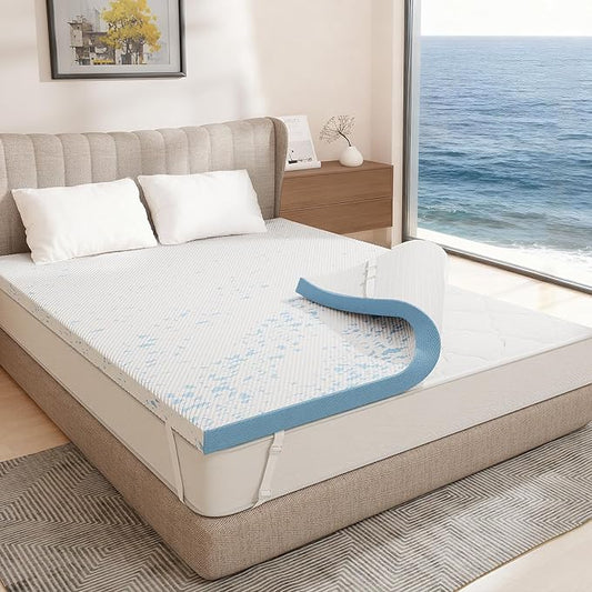 OhGeni 3 Inch Cooling Queen Size Gel Memory Foam Mattress Topper Pad,Washable Bed Cover with Anti-Slip Base &Zipper,Fits 6"-19" Mattresses with Straps,Extra Comfort for Sleep & Back Pain Relief