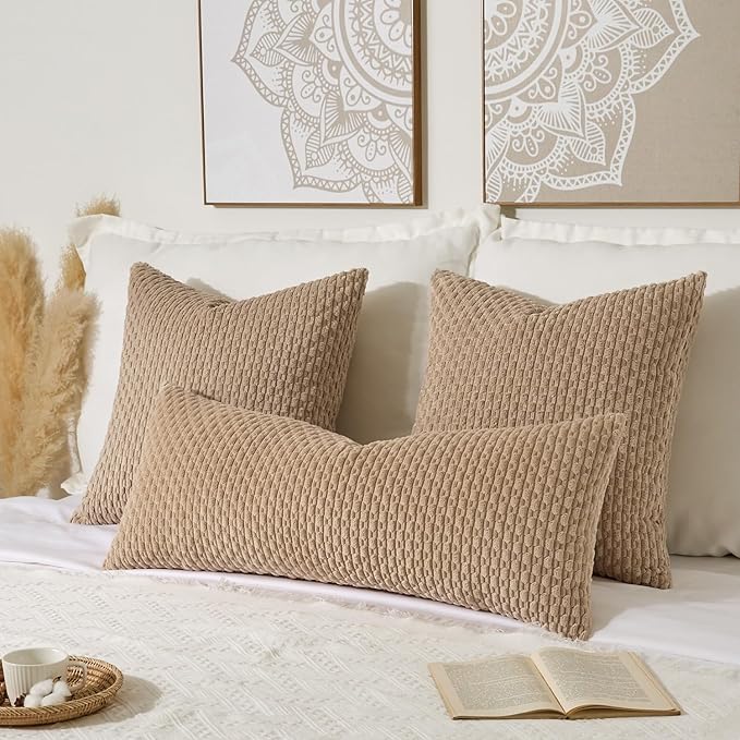 Kevin Textile 14x36 Inch Long Lumbar 1 Pack Boho Decorative Throw Pillow Cover Soft Striped Corduroy Rectangle Cushion Case Farmhouse Solid Color Accent for Living Room Couch Sofa Bed, Tan