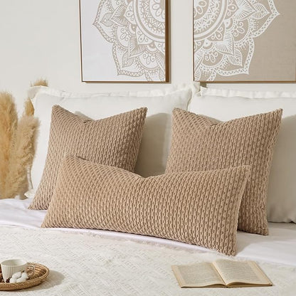 Kevin Textile 14x36 Inch Long Lumbar 1 Pack Boho Decorative Throw Pillow Cover Soft Striped Corduroy Rectangle Cushion Case Farmhouse Solid Color Accent for Living Room Couch Sofa Bed, Tan