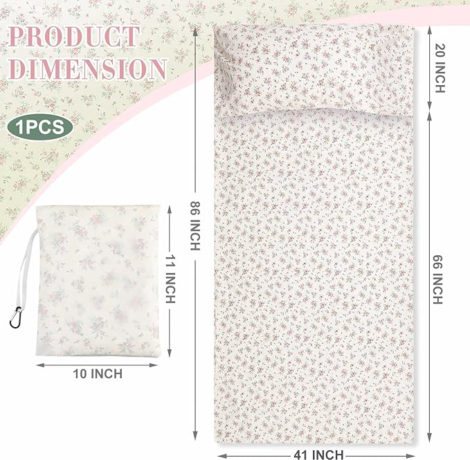 Sleeping Bag Liner 100% Cotton for Women Adult, 86 x 41 Pastoral Floral Cotton Sheet & Camping Sheet for Backpacking, Hotel, Traveling, Comfy Easy Care, Sleeping Bags with Zipper, with Storage Bag