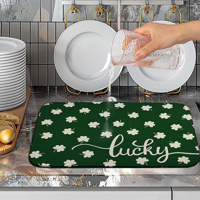 St Patrick Shamrock Drying Mat for Kitchen Counter Green White Lucky Clover - Image 5