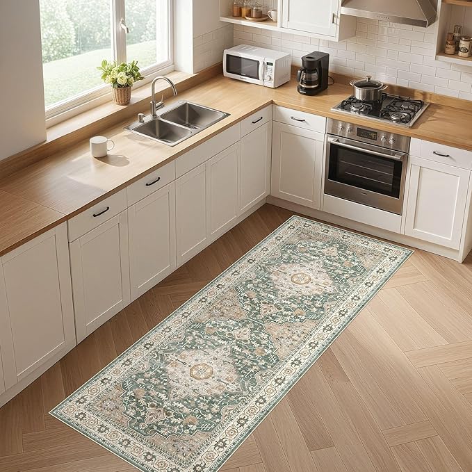Runner Rug Kitchen Washable Rugs: 3x10 Non-Slip Abstract Soft Modern Stain Resistant Indoor Floor Neutral Accent Throw Carpet for Hallway Bathroom Laundry Room Entryway Bedroom- Green