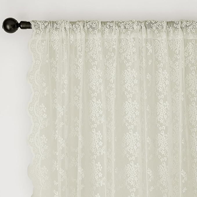 Anmao Vintage Lace Kitchen Curtains 18 Inches Long 2 Panels, Romantic Semi Sheer Floral Over Sink Lacy Cafe Curtain, Elegant Window Short Small Drapes, 55W x 18L, Ivory