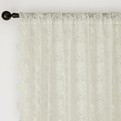 Anmao Vintage Lace Kitchen Curtains 18 Inches Long 2 Panels, Romantic Semi Sheer Floral Over Sink Lacy Cafe Curtain, Elegant Window Short Small Drapes, 55W x 18L, Ivory