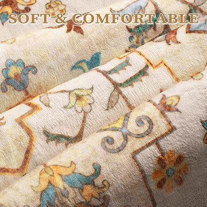SERISSA Area Rug 3x5 Boho Light Yellow Rugs for Bedroom, Washable Non-Slip Kitchen Rugs, Ultra Soft Print Distressed Entry Rug Low-Pile Throw Rug Carpet for Bedroom Nursery Living Room Dorm Decor