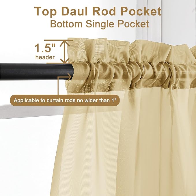 Chyhomenyc Gold Sheer Curtains 30 inch Length 2 Panels, Light Filtering Voile - Image 3