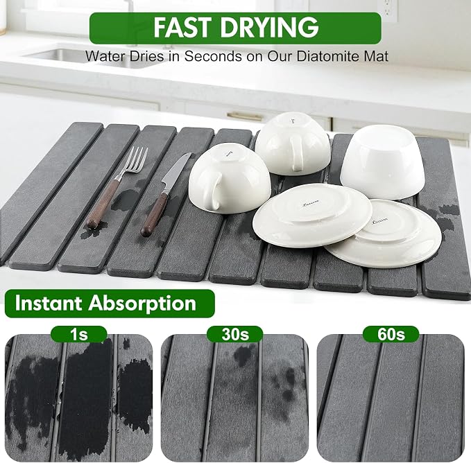 Stone Dish Drying Mat for Kitchen Counter | Diatomaceous Earth Water Absorbing - Image 3