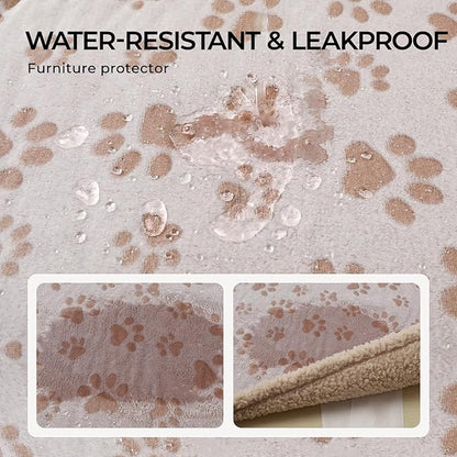 Luciphia Waterproof Pet Blankets Whith Paw Print for Couch Sofa Bed Cover, Liquid Pee Proof Soft Fluffy Dog Blanket Washable, Reversible Furniture Protection Puppy Cat, Khaki, Medium（57" x 40"）