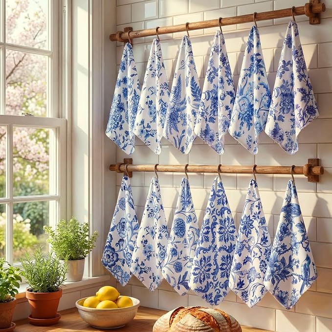 Tinlade 36 Pack Blue and White Floral Reusable Cleaning Cloths Washable Kitchen - Image 4