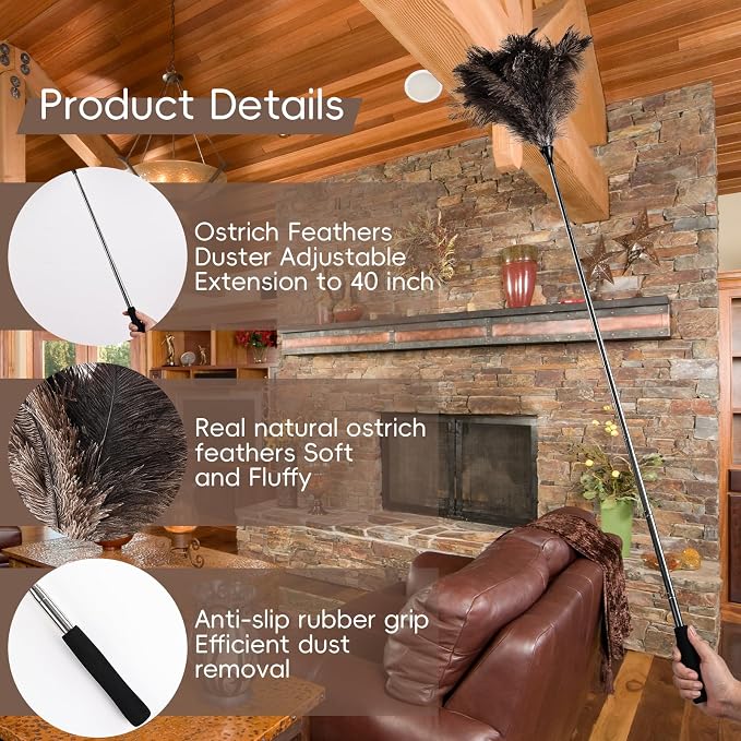 THARAHT Extendable Ostrich Feather Duster up to 16-47 inches Fluffy Feathers - Image 3